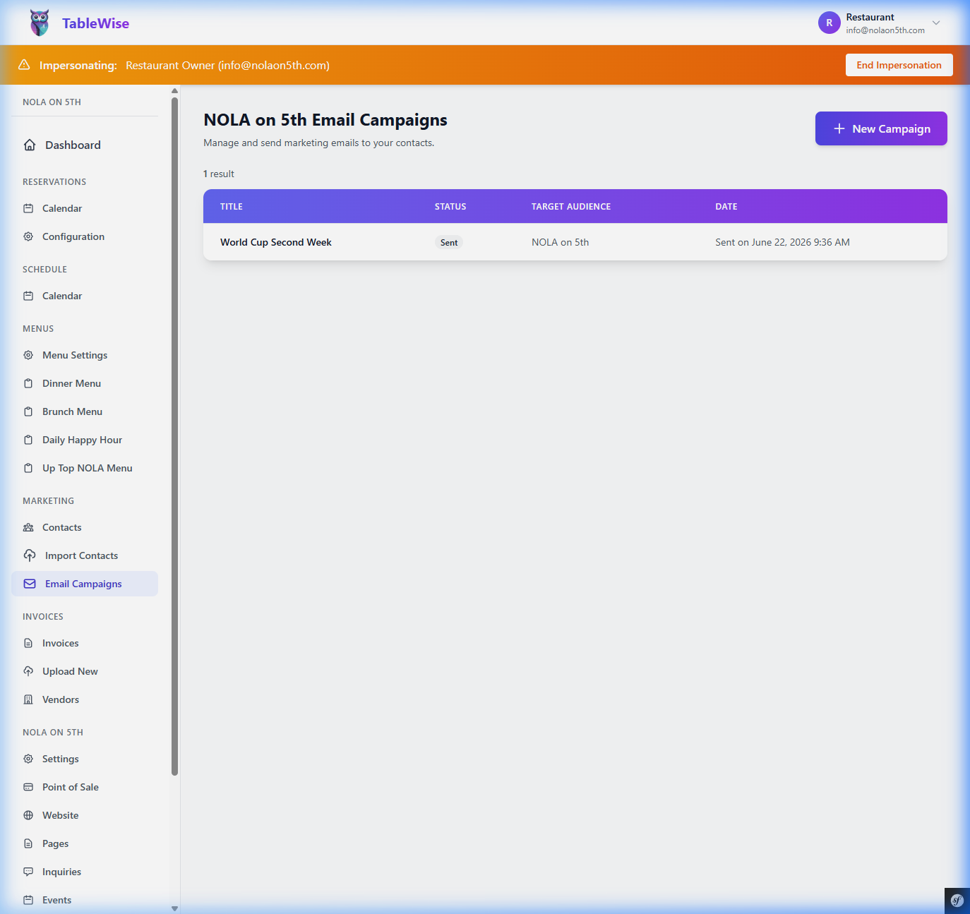 TableWise email campaign editor with AI content suggestions