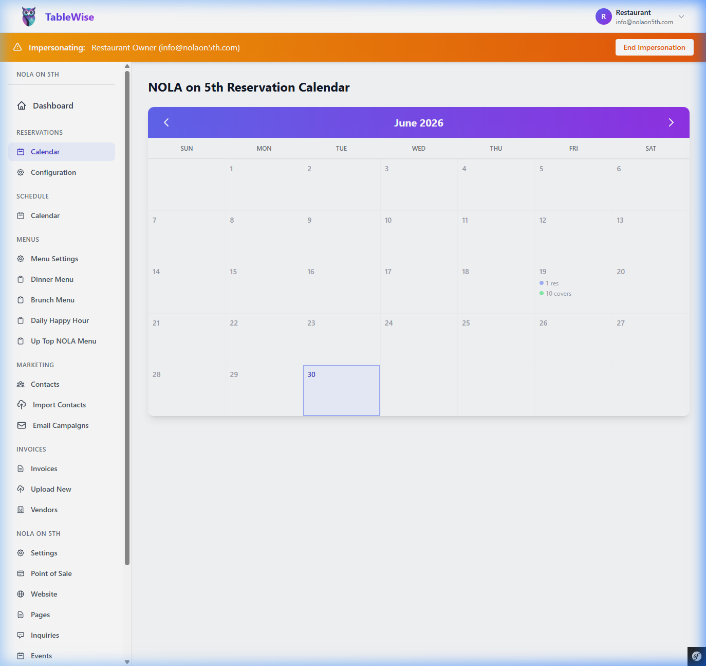 TableWise reservation calendar showing upcoming bookings and availability