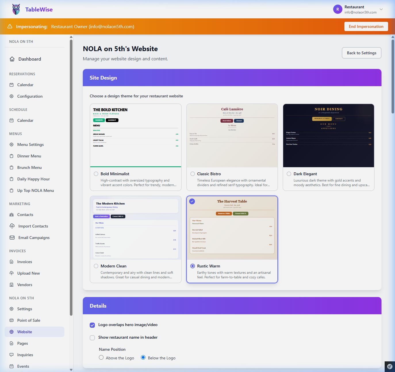 TableWise website builder with theme selection and customization options